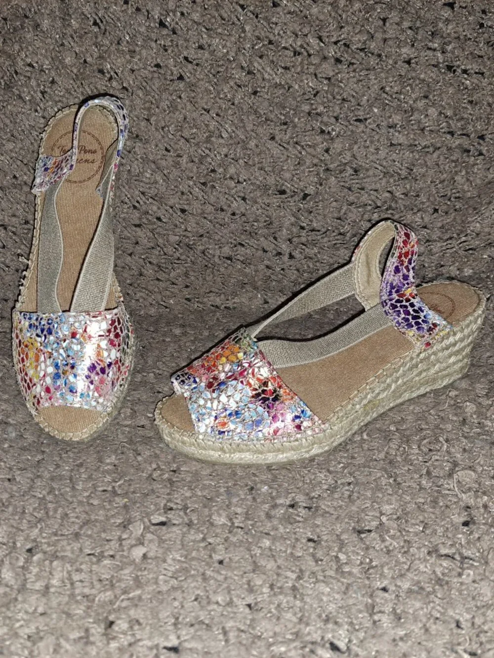 TONI PONS-Teide Espadrilles-Taupe/Colorful Crackle-Elastic-Wedge-Sz 35-Near Mint